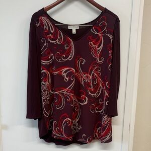 Dana Buchman Burgundy Long Sleeve Top with Red & Cream Swirl Print